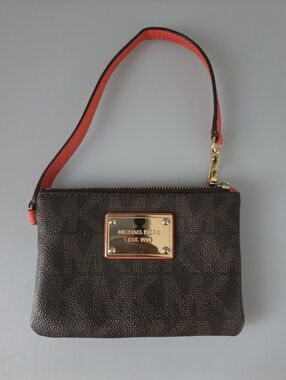 Michael Kors Brown Wristlet with Orange-Trim Strap